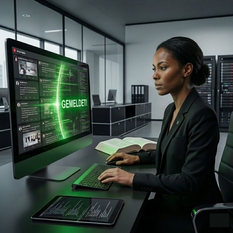 Eine junge Frau sitzt in einem IT-Raum am Rechner. Auf dem Bildschirm sind Social Media Beiträge sowie die grüne Schrift "Gemeldet" zu sehen. Auf dem Tisch daneben liegt ein Tablet, auf dem Programmiercode zu sehen ist. Im Hintergrund Serverschränke.